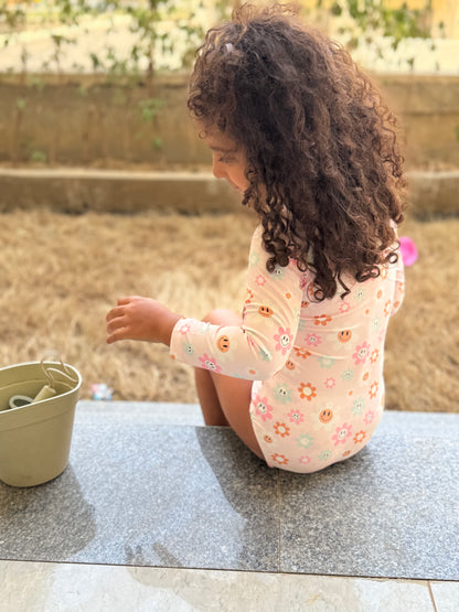 Blush Break – Retro Floral Rashguard Swimsuit