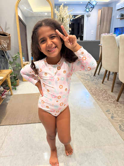 Blush Break – Retro Floral Rashguard Swimsuit