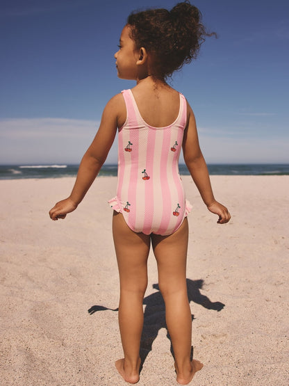 Pink Cherry Stripe Frill Leg Swimsuit (3mths-7yrs)