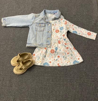 Long Sleeve Button Ribbed Organic Printed Cotton Dress